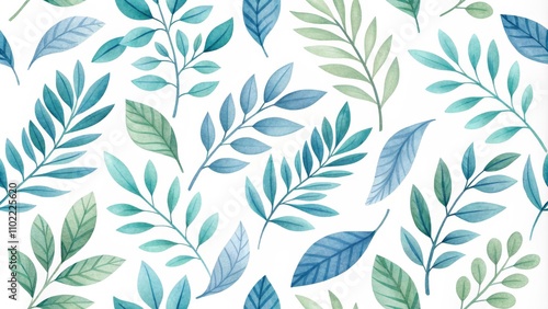 Watercolor Blue and Green Leaves Seamless Pattern, botanical, foliage