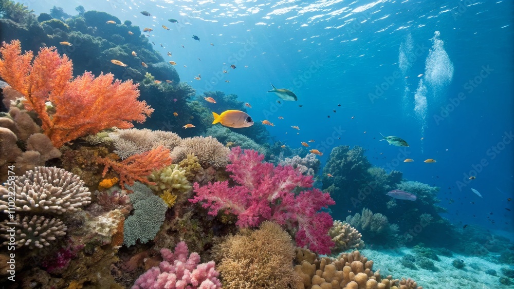 Vibrant Coral Reef with Fish and Sunlight, underwater ,coral reef Vibrant Coral Reef with Fish and Sunlight, underwater ,coral reef
