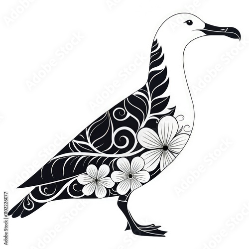 Minimalistic White Albatross Bird With Floral Design Ascending on Standard Scale. Generative AI photo