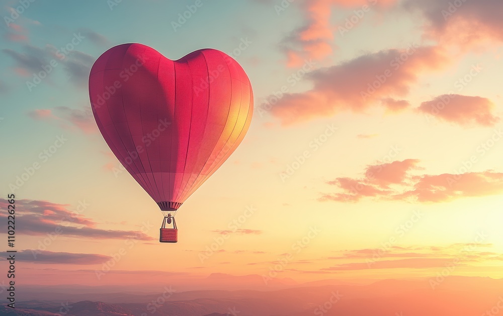 Obraz premium A heart-shaped hot air balloon floating in the air, with a sunset sky as the backdrop, warm and soft colors
