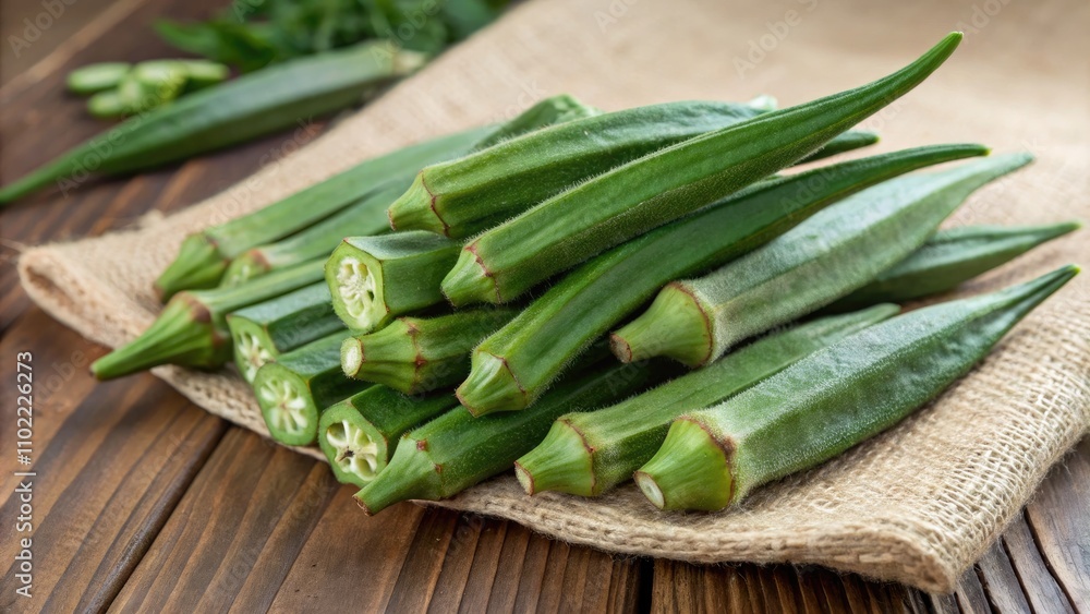 Fresh Bhindi Stacked Neatly on a Cloth With Wooden Background. Generative AI Fresh Bhindi Stacked Neatly on a Cloth With Wooden Background. Generative AI