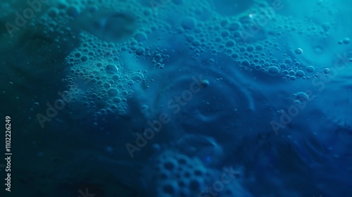 Fototapeta Naklejka Na Ścianę i Meble -  Macro shot of bubbles floating in deep blue liquid 3d rendering image. Serene underwater effect, aquatic texture background wallpaper colorful realistic. Fluid abstraction concept idea