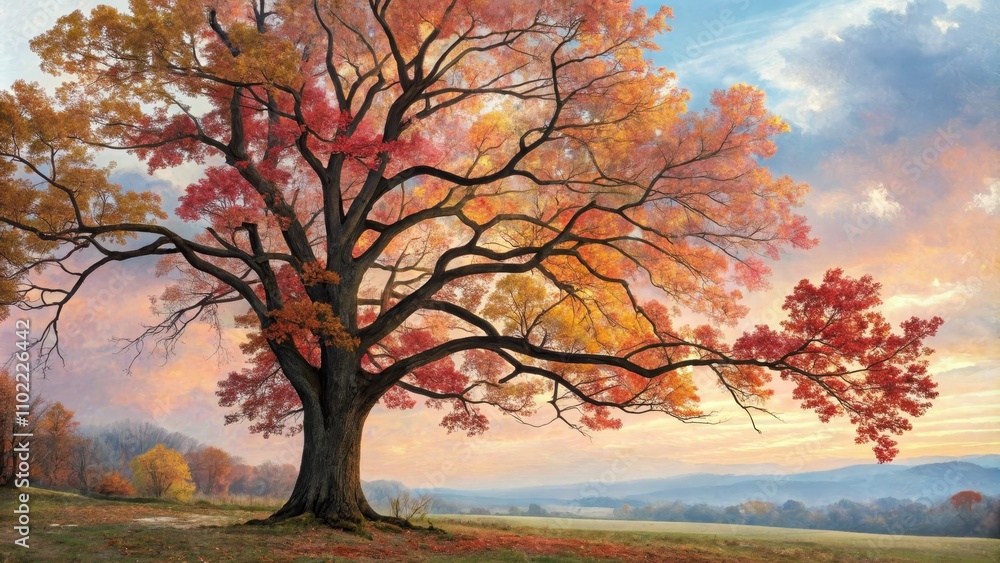 Solitary Oak with Vibrant Autumn Foliage Against a Misty Mountain Landscape, autumn, nature Solitary Oak with Vibrant Autumn Foliage Against a Misty Mountain Landscape, autumn, nature