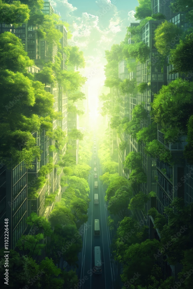 Obraz premium A city street with a green canopy of trees