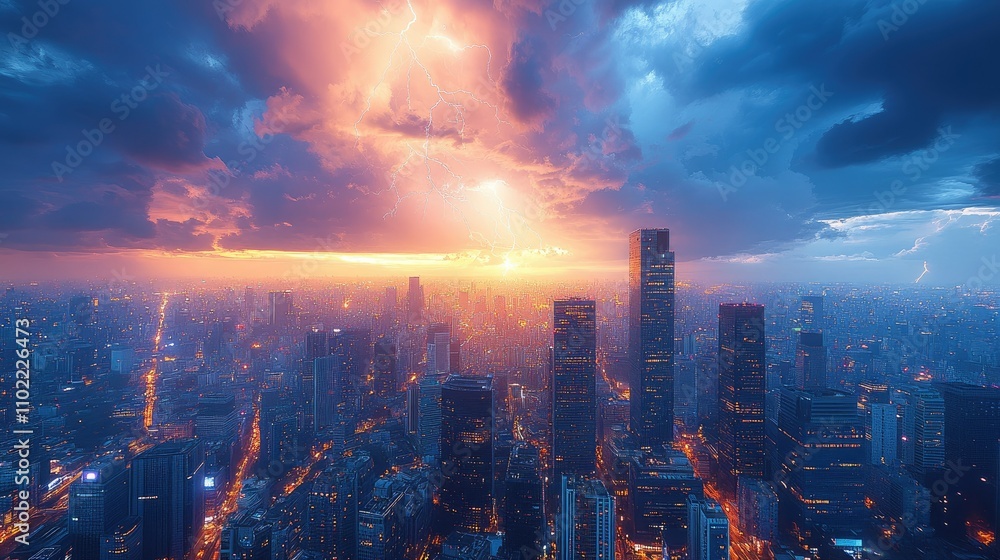 A dramatic city skyline under a stormy sky illuminated by lightning at sunset. A dramatic city skyline under a stormy sky illuminated by lightning at sunset.