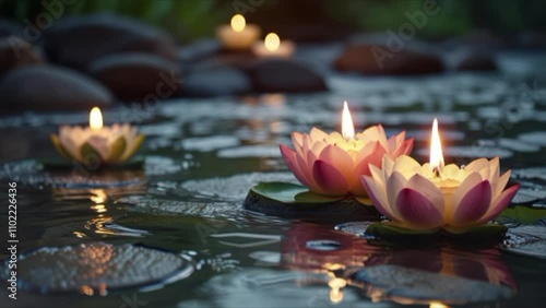 flowers with candles in a calm stream, rocks. seamless looping 4k video background animation