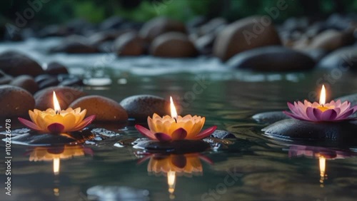 flowers with candles in a calm stream, rocks. seamless looping 4k video background animation