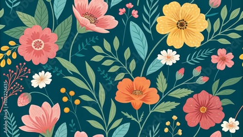 Wallpaper Mural Seamless Floral Pattern with Colorful Flowers on Teal Background, Floral Pattern, Floral Design Torontodigital.ca
