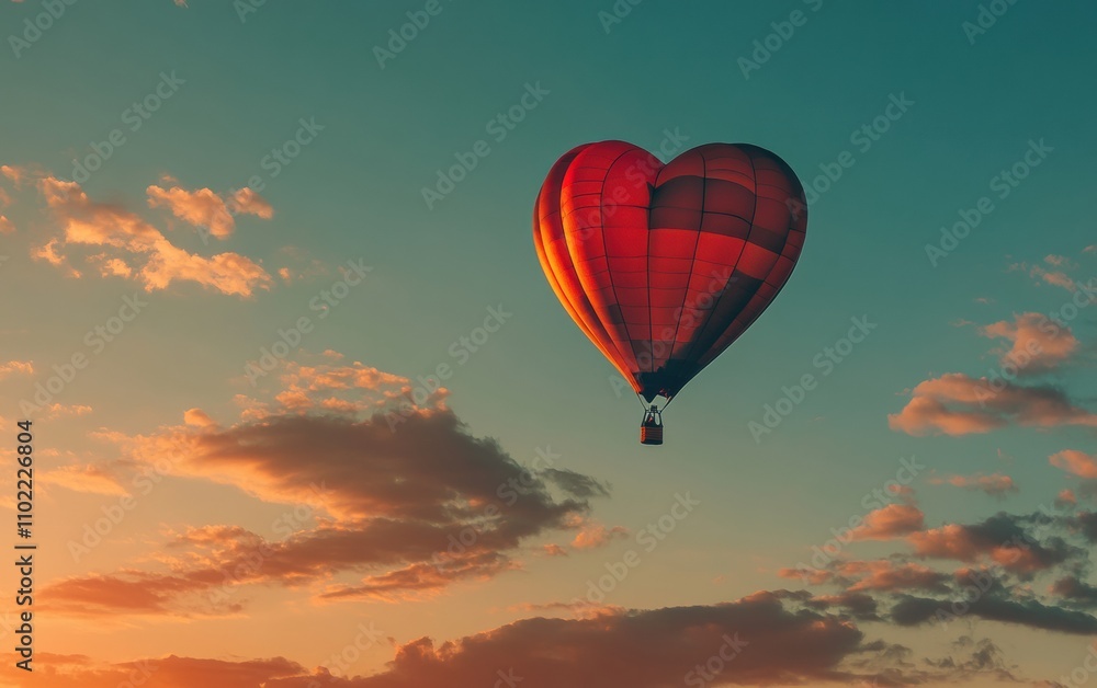 Obraz premium A heart-shaped hot air balloon floating in the air, with a sunset sky as the backdrop, warm and soft colors