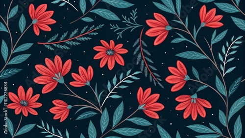 Red and Teal Floral Pattern, Digital Illustration, Botanical, Flowers, Leaves, Dark Background, Floral Design