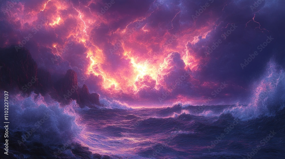 Dramatic, stormy seascape with fiery sunset sky and crashing waves. Dramatic, stormy seascape with fiery sunset sky and crashing waves.