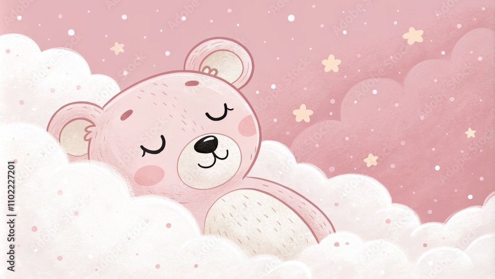 Pink Bear Sleeping in Clouds with Stars, baby , nursery Pink Bear Sleeping in Clouds with Stars, baby , nursery