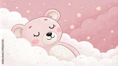 Pink Bear Sleeping in Clouds with Stars, baby , nursery