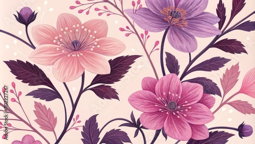 Wallpaper Mural Pink and Purple Floral Arrangement with Intricate Details, floral art, botanical illustration , flowers, botanical Torontodigital.ca