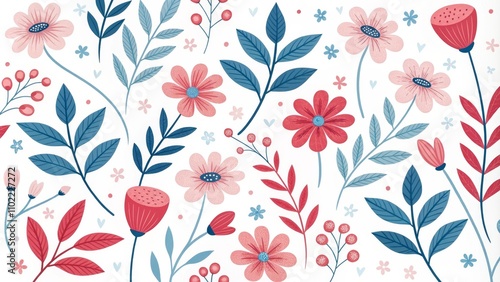 Pink and Blue Floral Pattern, Watercolor Illustration, Floral Design, Botanical Art, Flowers, Nature, Patterns