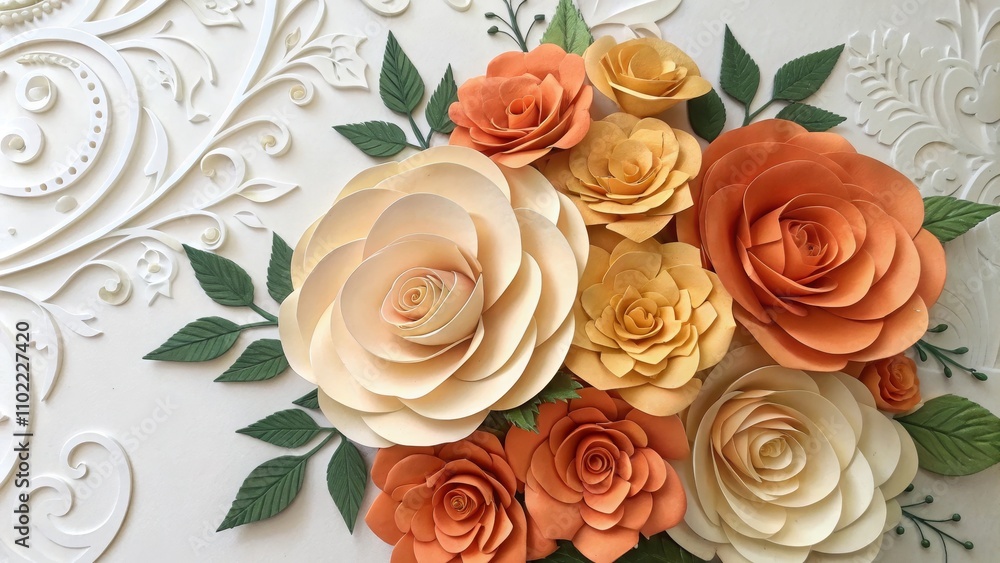 Paper Flower Bouquet with White Embossed Background, paper flowers, paper craft Paper Flower Bouquet with White Embossed Background, paper flowers, paper craft