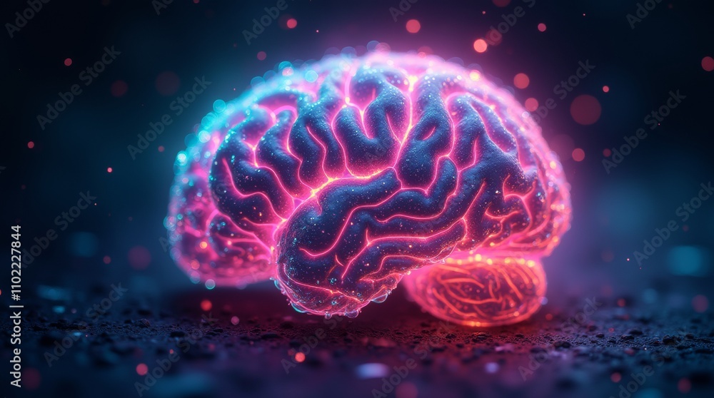 Obraz premium A mysteriously glowing brain, illuminated with neon-bright colors swirling in hallucinogenic patterns. The intricate folds and crevices of the brain are accentuated by the vibrant hues of pink