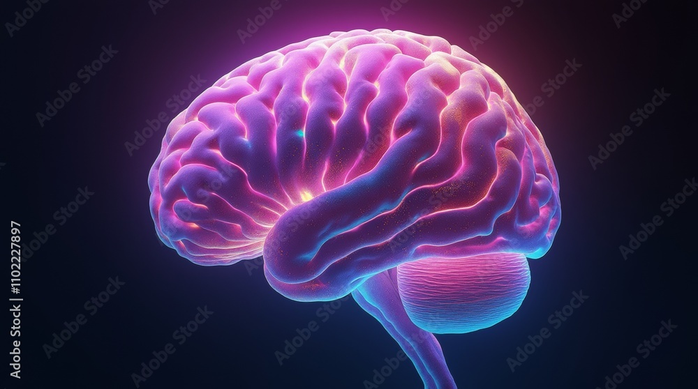 A mysteriously glowing brain, illuminated with neon-bright colors swirling in hallucinogenic patterns. The intricate folds and crevices of the brain are accentuated by the vibrant hues of pink A mysteriously glowing brain, illuminated with neon-bright colors swirling in hallucinogenic patterns. The intricate folds and crevices of the brain are accentuated by the vibrant hues of pink