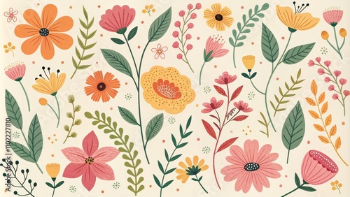 Hand Drawn Floral Illustration with Yellow and Pink Flowers on Cream Background, Pattern, Floral Design, flower