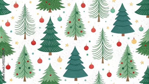 Wallpaper Mural Hand-drawn Christmas Trees Pattern with Ornaments and Stars, Seamless, Winter, Christmas , Christmas tree, holiday Torontodigital.ca