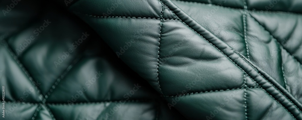 Fototapeta premium A close-up view of a textured green quilted fabric, showcasing the intricate stitching and a glossy finish, conveying a sense of warmth and luxury.