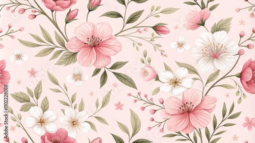 Wallpaper Mural Floral Watercolor Seamless Pattern - Pink and White Flowers, Pastel Background, Botanical Art, Spring Blossoms, Nature, Flower Illustration, Pattern Design Torontodigital.ca