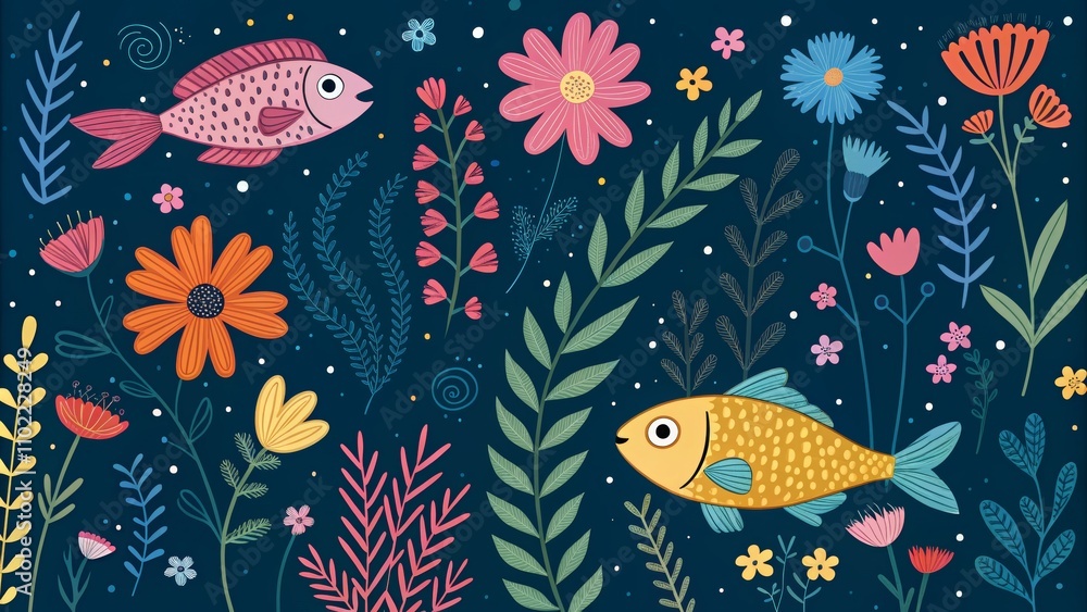 Naklejka premium Floral Fish Illustration with a Dark Blue Background, Digital Art, Underwater , Nature