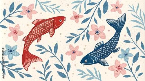 Floral Koi Fish Illustration, Japanese Art, Koi Fish Art