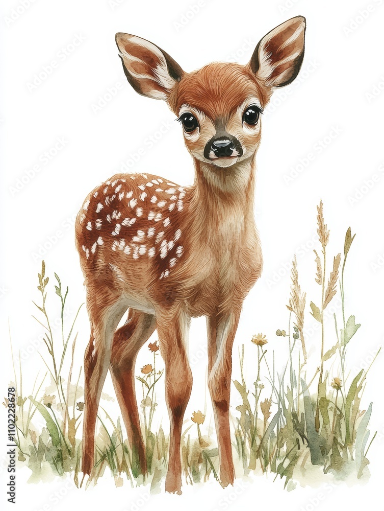 A cute little deer with white spots stands in a field of grass A cute little deer with white spots stands in a field of grass