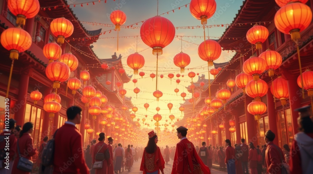 Lively Chinese New Year Celebration with Iconic Decorations Lively Chinese New Year Celebration with Iconic Decorations
