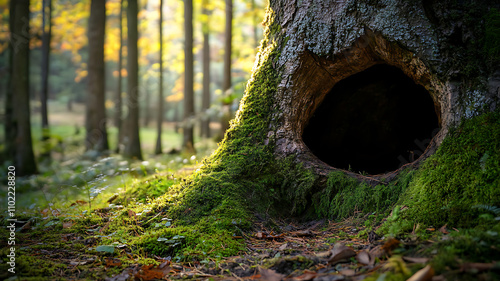 A beautifully detailed shot of a tree hollow covered in lichen and moss, small animal tracks visible nearby on the forest floor, soft evening light creating a serene atmosphere photo