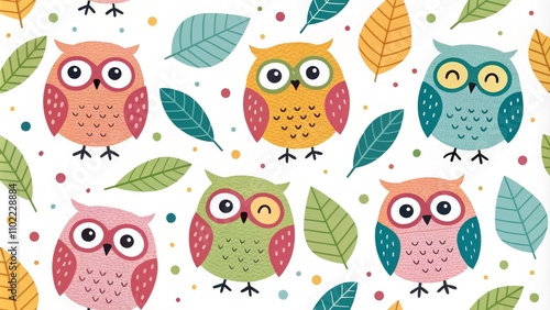 Colorful Owl Pattern with Leaves and Dots, owl pattern, owl art photo