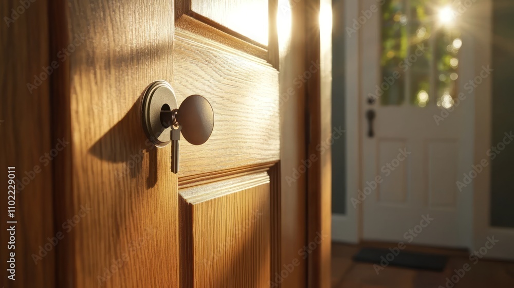 Obraz premium A close-up of a wooden door with a key in the lock, a sunbeam shining through the doorway.