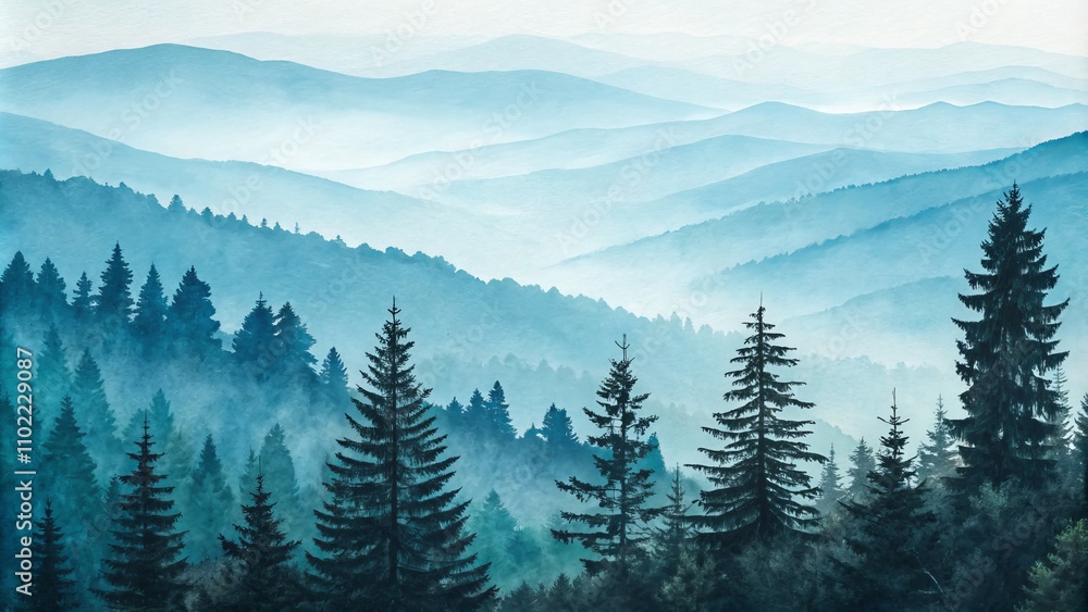 Blue Hues of a Misty Mountain Landscape, Watercolor, Foggy Mountains, Forest ,watercolor, forest Blue Hues of a Misty Mountain Landscape, Watercolor, Foggy Mountains, Forest ,watercolor, forest