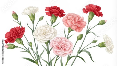 Wallpaper Mural Carnation Bouquet, Digital Illustration, Floral Design, White Background, Carnation, Flower Bouquet Torontodigital.ca