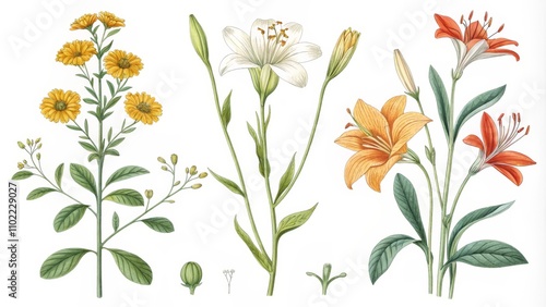 Botanical Illustration of Yellow, White, and Orange Lilies, Floral, Flower ,lilies, botanical illustration