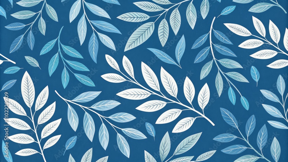 Fototapeta premium Blue and White Watercolor Leaf Pattern, Watercolor Painting, Leaf Pattern , Botanical Illustration