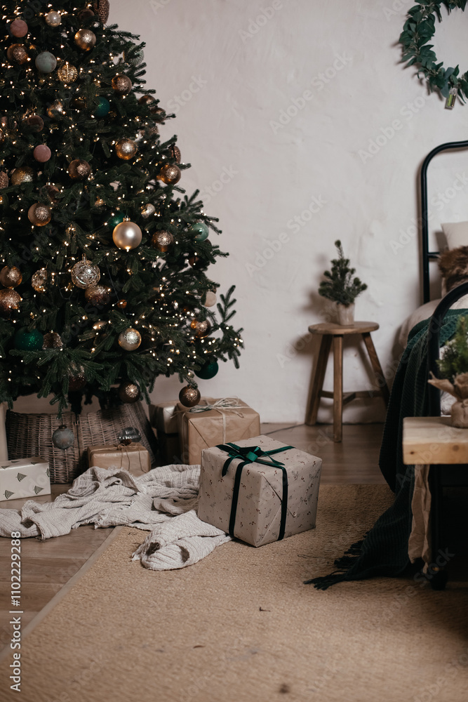 Obraz premium Cozy bedroom decorated for Christmas. Double bed with pillows and blankets against of large green Christmas tree with garlands and toys in a spacious bedroom with white walls