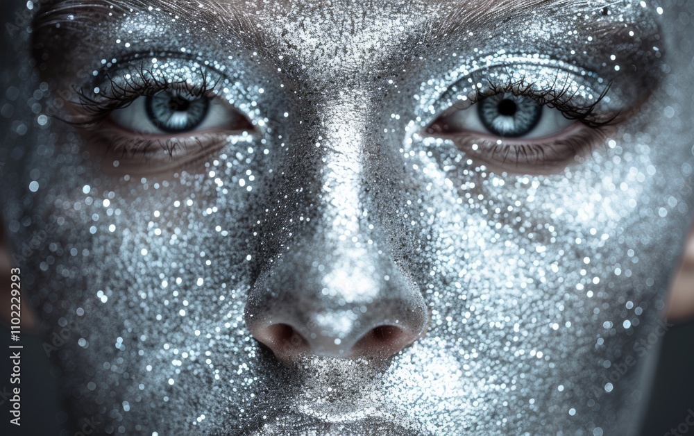 A woman with silver face paint and blue eyes A woman with silver face paint and blue eyes