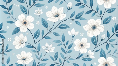 Blue and White Floral Seamless Pattern, digital illustration, floral pattern, floral background , botanical , flowers , seamless