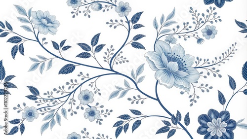 Blue and White Floral Branch Pattern, Floral, White Background