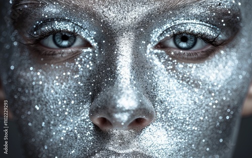 A woman with silver face paint and blue eyes