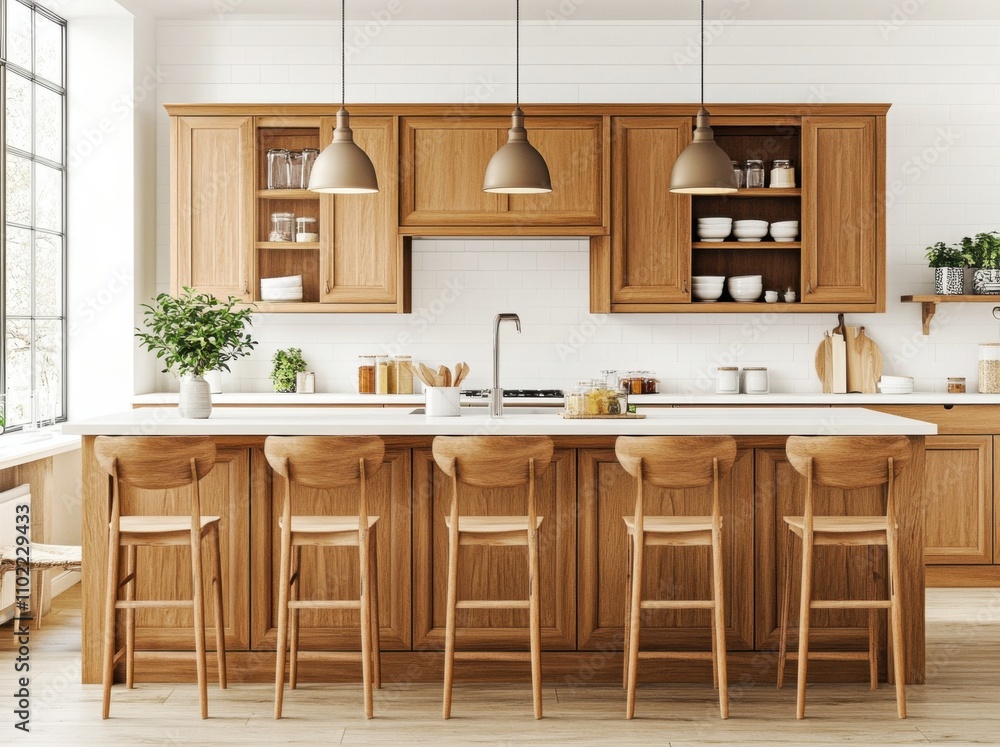 Fototapeta premium Visualization of a Scandinavian kitchen with wooden accents, white brick walls, an island, and many plants