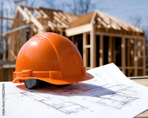 A bright orange hard hat rests on blueprints, with a wooden construction site in the background, symbolizing safety and planning in building projects. photo