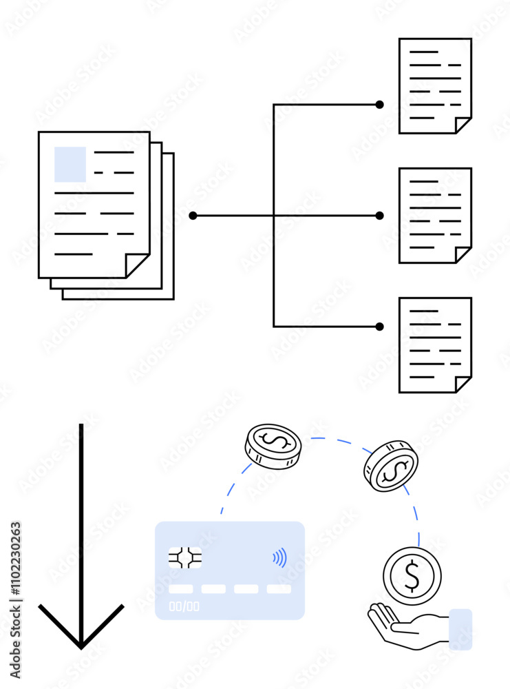 Ταπετσαρία Documents splitting into multiple pages, arrow pointing to credit card and hand receiving coins