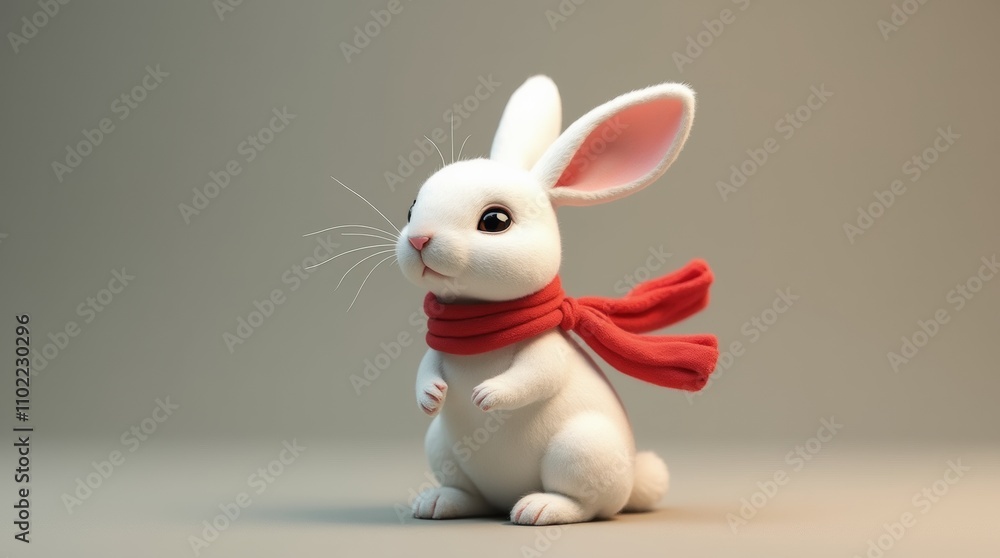 Obraz premium White Rabbit with Red Scarf, Sitting on Hind Legs