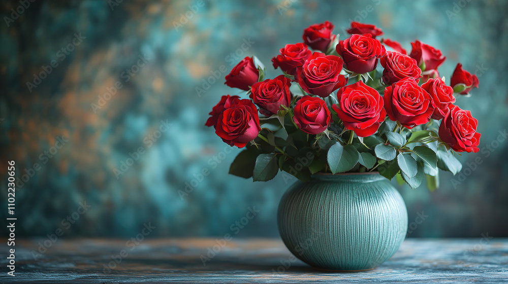 Vibrant red roses arranged in a green vase against a textured blue-green backdrop during daylight. Generative AI Vibrant red roses arranged in a green vase against a textured blue-green backdrop during daylight. Generative AI
