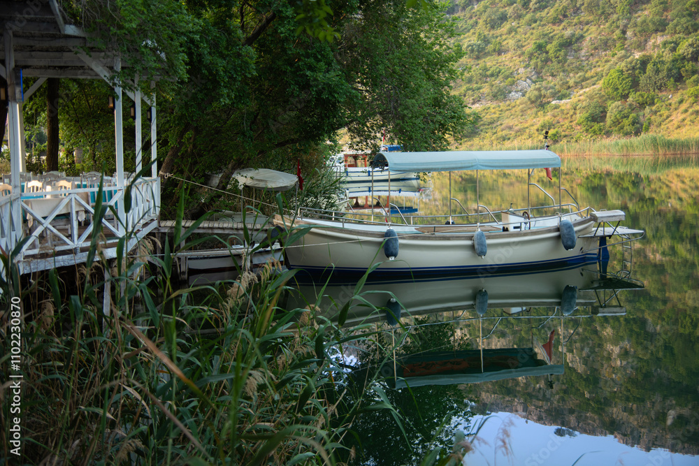 Tourist day boat moored on the Dalyan river awaiting trade. Tourist day boat moored on the Dalyan river awaiting trade.