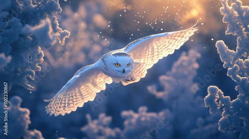 Fliegende Schnee-Eule bei Dämmerung