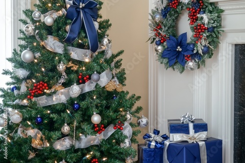 Elegant christmas tree with blue and silver decor and wrapped gifts with wreath. photo